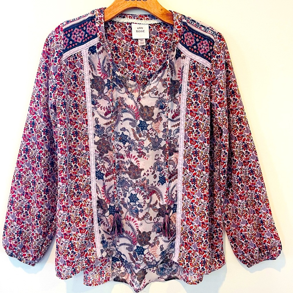 Knox Rose Sheer floral print bohemian Blouse
